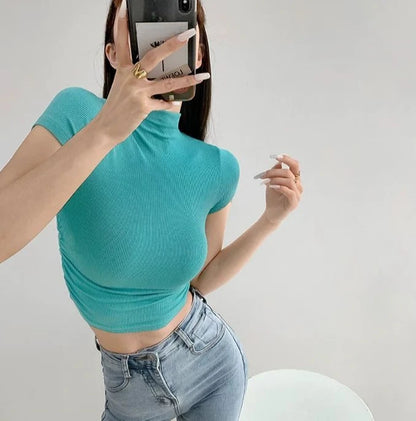 T Shirt For Women Crop Slim Turtleneck Solid Color Tops Woman Y2k Fashion Korea Polyester Cheap Clothes Youthful Goth Korean Tee
