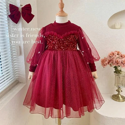 Spring Autumn Clothes for Kids Clothes Girls Solid Color Long Sleeve Fake Two Pieces Round Neck Patchwork Lace Princess Dresses