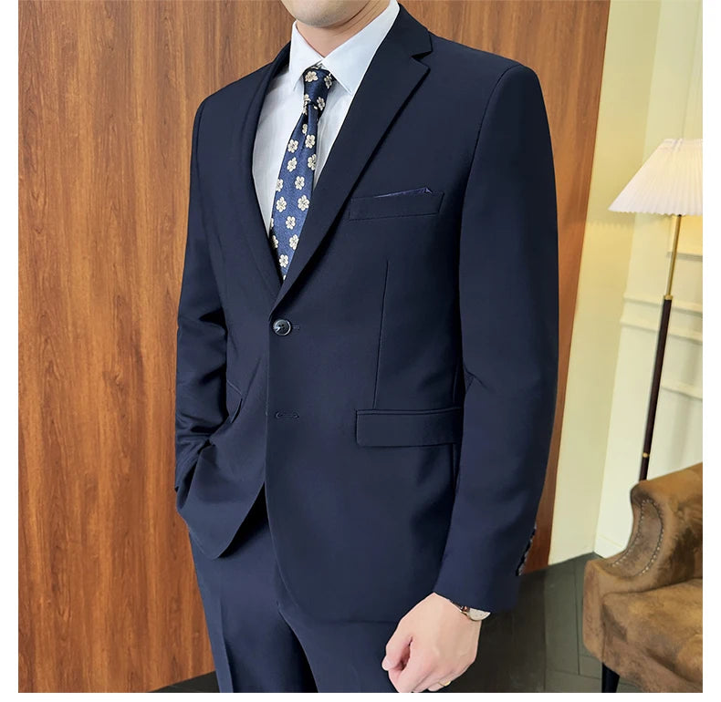 Suit (Blazer+ Pants) Fashion Men Solid color Business Wedding Work Casual Slim Professional Dress Groom Best Man Gentleman Suit