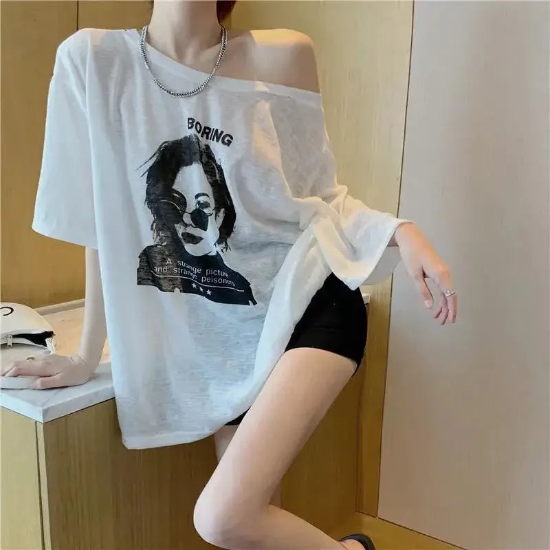T Shirt For Women Summer Outfit Sexy Baggy Graphic Tops Woman Long Aesthetic Clothing Elegant Tee Trending Korean Streetwear