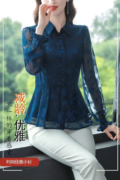 Spring Chiffon Shirt Women's Long-sleeved Temperament Waist Women's Small High-end Foreign Style Middle-aged Top Clothes