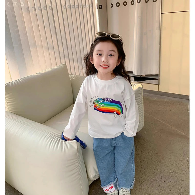 Spring Girl Top And Bottom Clothes Set Korean Fashion Simplicity Suit For Girls Rainbow Printed Long Sleeves+Pants Two Piece Set