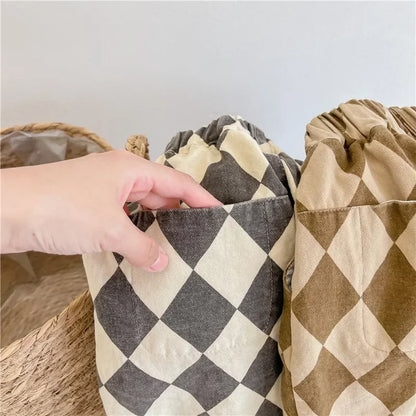 Spring 1-7Y Kids Clothes Washed Cotton Harem Trousers Vintage Checkered Design Japanese Trendy Loose-fit Casual Boys Girls Pants