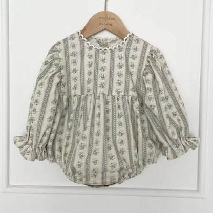 Vintage Newborn Infant Baby Girls Romper Spring Floral Stripe Baby Rompers Infant Bodysuit Toddler Onepiece Linen Baby Clothes