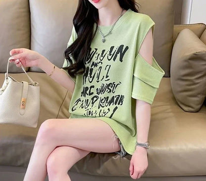 T Shirt For Women Off Shoulder Graphic Tops Woman Green Summer Outfit Fashion Women's Clothing 2025 Female Wholesale Clothes