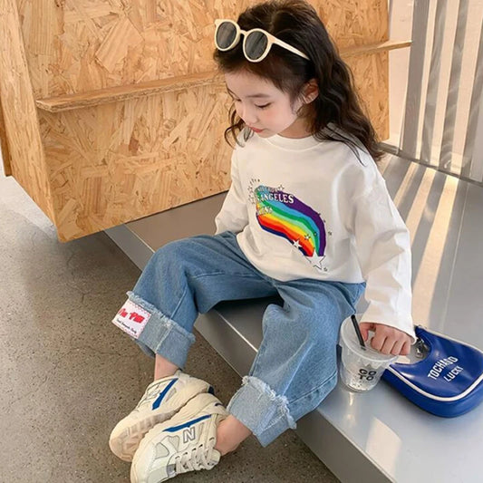 Spring Girl Top And Bottom Clothes Set Korean Fashion Simplicity Suit For Girls Rainbow Printed Long Sleeves+Pants Two Piece Set
