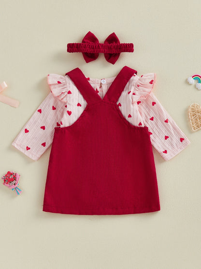 Valentine s Day Baby Girls 3 Piece Outfit Cute Long Sleeve O Neck Heart Print Jumpsuit Bow Headband Overall Dress Set