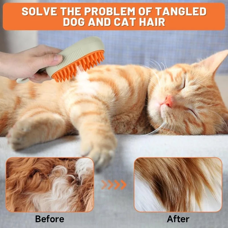 Steamy Pet Grooming Kit: Water Spray Massage Brush for Cats Dogs, Skin-Friendly Silicone Teeth, USB Charging Hair Cleaner