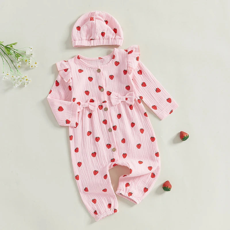 Baby Girl 2Pcs Fall Outfits Long Sleeve Strawberry Print Ruffle Jumpsuit with Headband Set Newborn Clothes