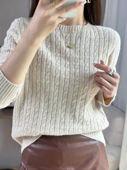 Knitted Wool Blend Sweater for Women, Long Sleeve, Round Neck, Loose Casual Top, Skin Friendly, Fall and Winter, New, 2025 New