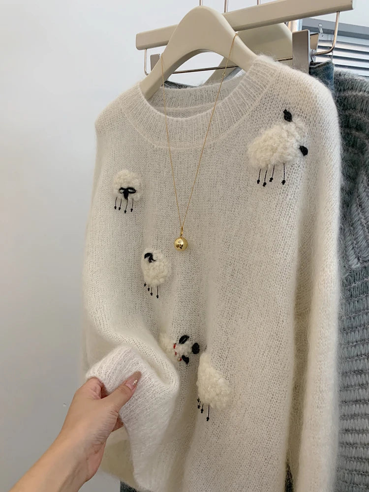 White Casual Sweater For Women 2025 New Long Sleeved O-Neck Warm Knit Pullovers Autumn Winter Korean Cute Animals Woolen Tops
