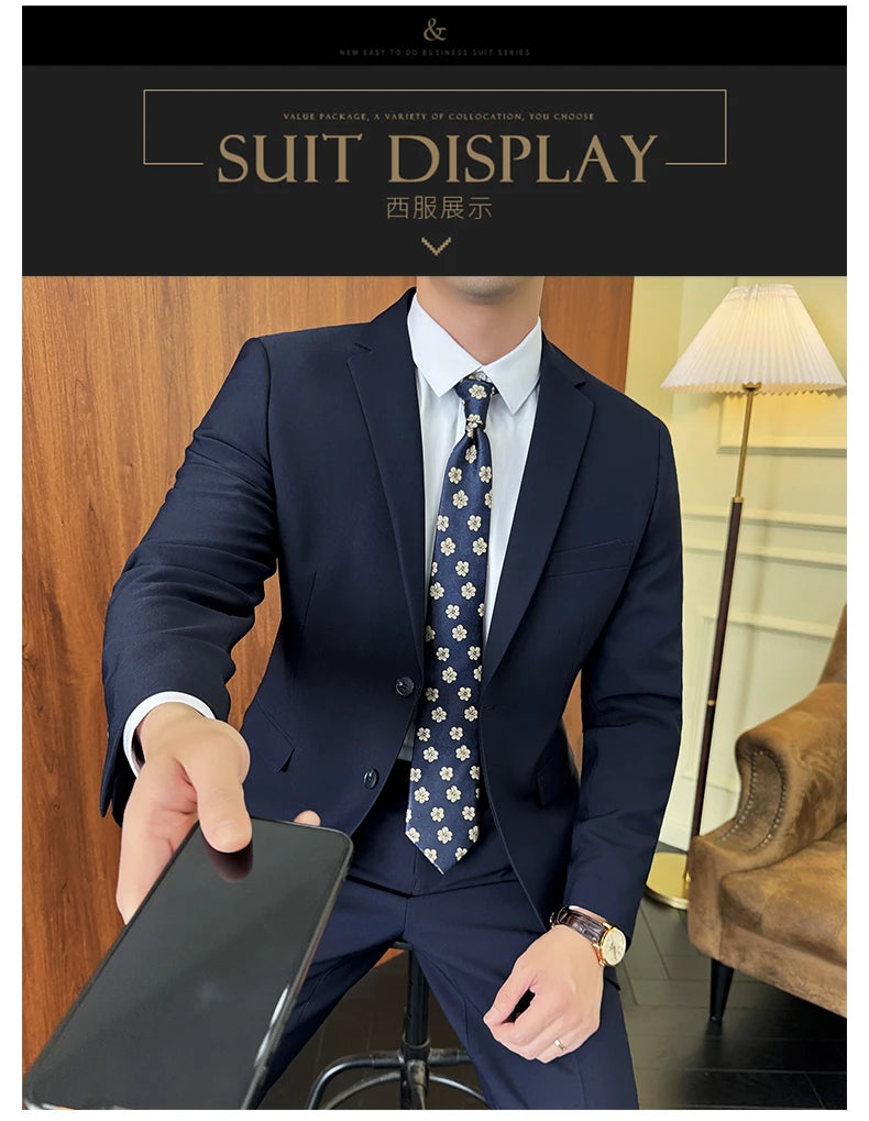 Suit (Blazer+ Pants) Fashion Men Solid color Business Wedding Work Casual Slim Professional Dress Groom Best Man Gentleman Suit
