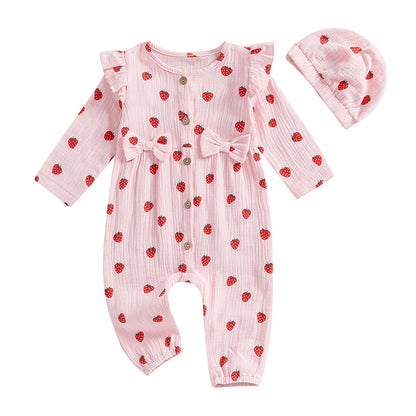Baby Girl 2Pcs Fall Outfits Long Sleeve Strawberry Print Ruffle Jumpsuit with Headband Set Newborn Clothes