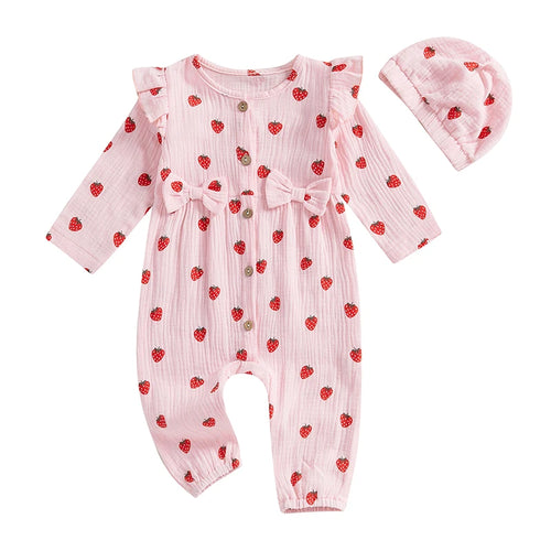 Baby Girl 2Pcs Fall Outfits Long Sleeve Strawberry Print Ruffle Jumpsuit with Headband Set Newborn Clothes