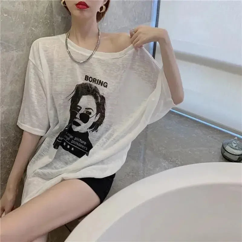 T Shirt For Women Summer Outfit Sexy Baggy Graphic Tops Woman Long Aesthetic Clothing Elegant Tee Trending Korean Streetwear