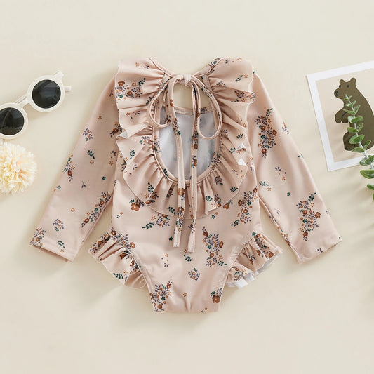 Kids Baby Girl Summer Swimwear Floral Print Backless Ruffles Long Sleeve Bodysuit Bathing Suit Girls Beachwear 0-4 Years