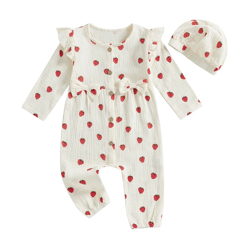 Baby Girl 2Pcs Fall Outfits Long Sleeve Strawberry Print Ruffle Jumpsuit with Headband Set Newborn Clothes