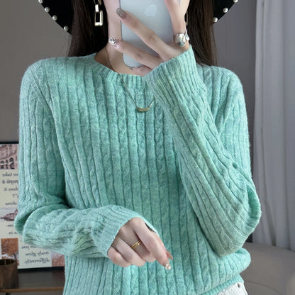 Knitted Wool Blend Sweater for Women, Long Sleeve, Round Neck, Loose Casual Top, Skin Friendly, Fall and Winter, New, 2025 New