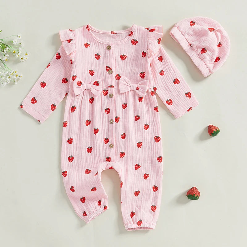 Baby Girl 2Pcs Fall Outfits Long Sleeve Strawberry Print Ruffle Jumpsuit with Headband Set Newborn Clothes