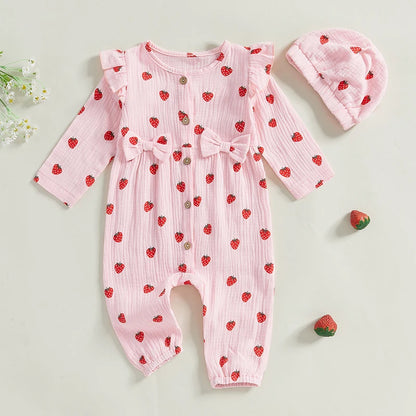 Baby Girl 2Pcs Fall Outfits Long Sleeve Strawberry Print Ruffle Jumpsuit with Headband Set Newborn Clothes