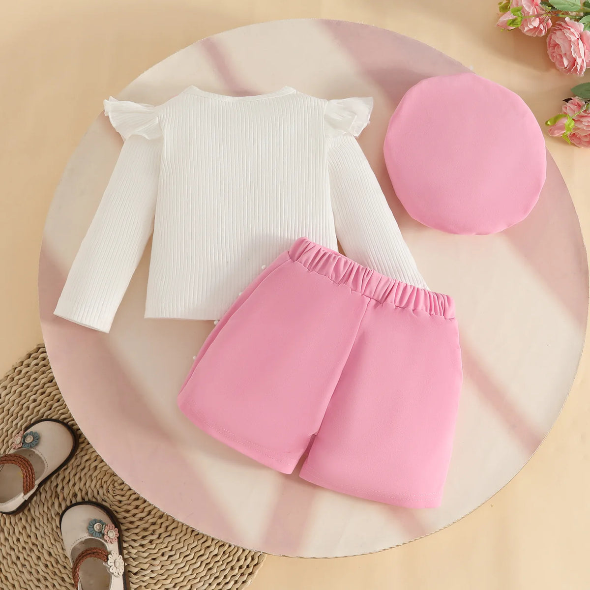 Spring Kids Girls Clothes Baby Casual Long Sleeve Flower Tops With Shorts Beret Infant Cute Outfits Sets Children's Clothing