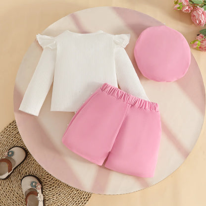 Spring Kids Girls Clothes Baby Casual Long Sleeve Flower Tops With Shorts Beret Infant Cute Outfits Sets Children's Clothing