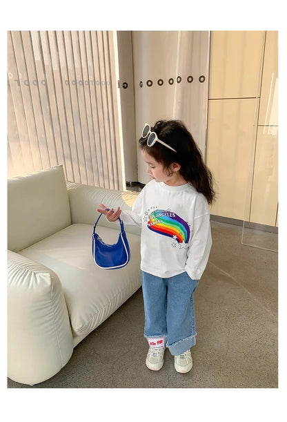 Spring Girl Top And Bottom Clothes Set Korean Fashion Simplicity Suit For Girls Rainbow Printed Long Sleeves+Pants Two Piece Set