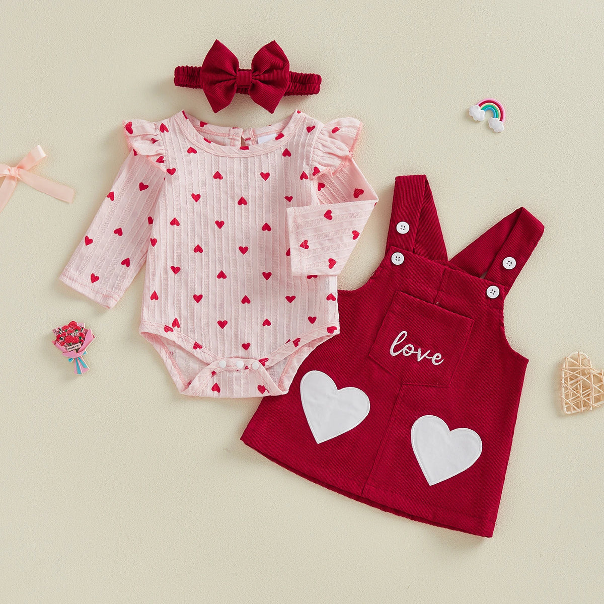 Valentine s Day Baby Girls 3 Piece Outfit Cute Long Sleeve O Neck Heart Print Jumpsuit Bow Headband Overall Dress Set