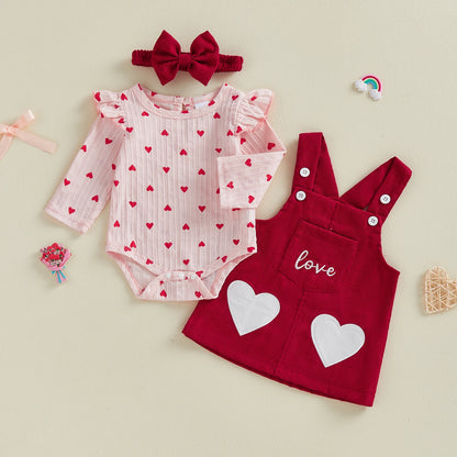 Valentine s Day Baby Girls 3 Piece Outfit Cute Long Sleeve O Neck Heart Print Jumpsuit Bow Headband Overall Dress Set