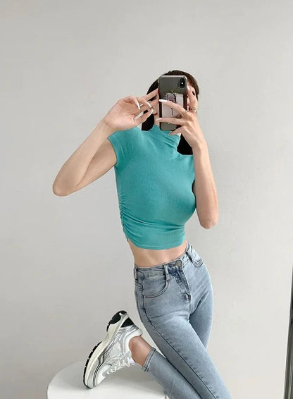 T Shirt For Women Crop Slim Turtleneck Solid Color Tops Woman Y2k Fashion Korea Polyester Cheap Clothes Youthful Goth Korean Tee