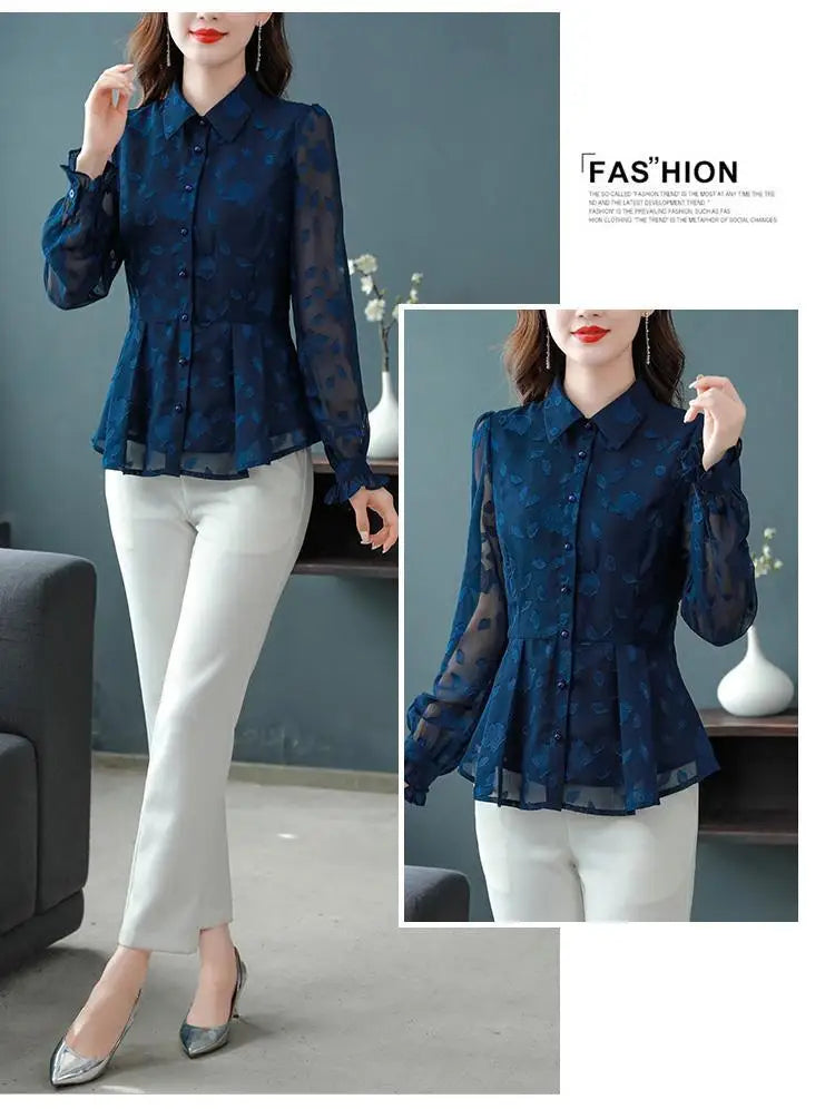 Spring Chiffon Shirt Women's Long-sleeved Temperament Waist Women's Small High-end Foreign Style Middle-aged Top Clothes