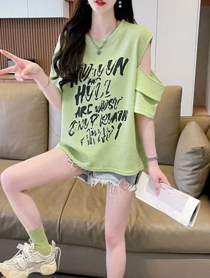 T Shirt For Women Off Shoulder Graphic Tops Woman Green Summer Outfit Fashion Women's Clothing 2025 Female Wholesale Clothes