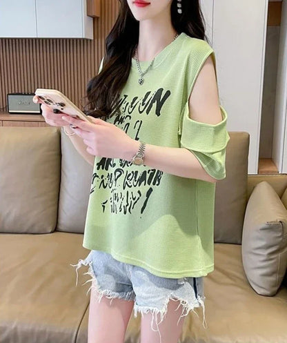 T Shirt For Women Off Shoulder Graphic Tops Woman Green Summer Outfit Fashion Women's Clothing 2025 Female Wholesale Clothes
