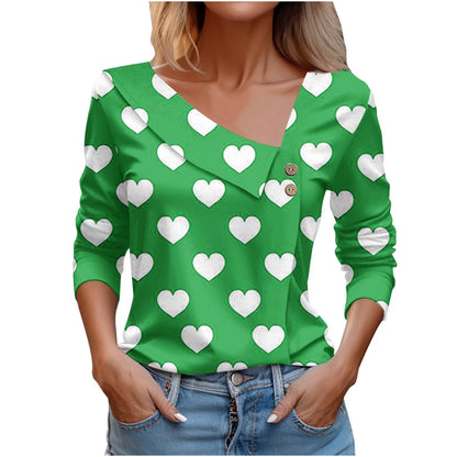 T Shirt For Women Fashion Long Sleeve Tops Heart Print Pulovers Elegant Shirts & Blouses Autumn Youthful Woman Clothes 2023