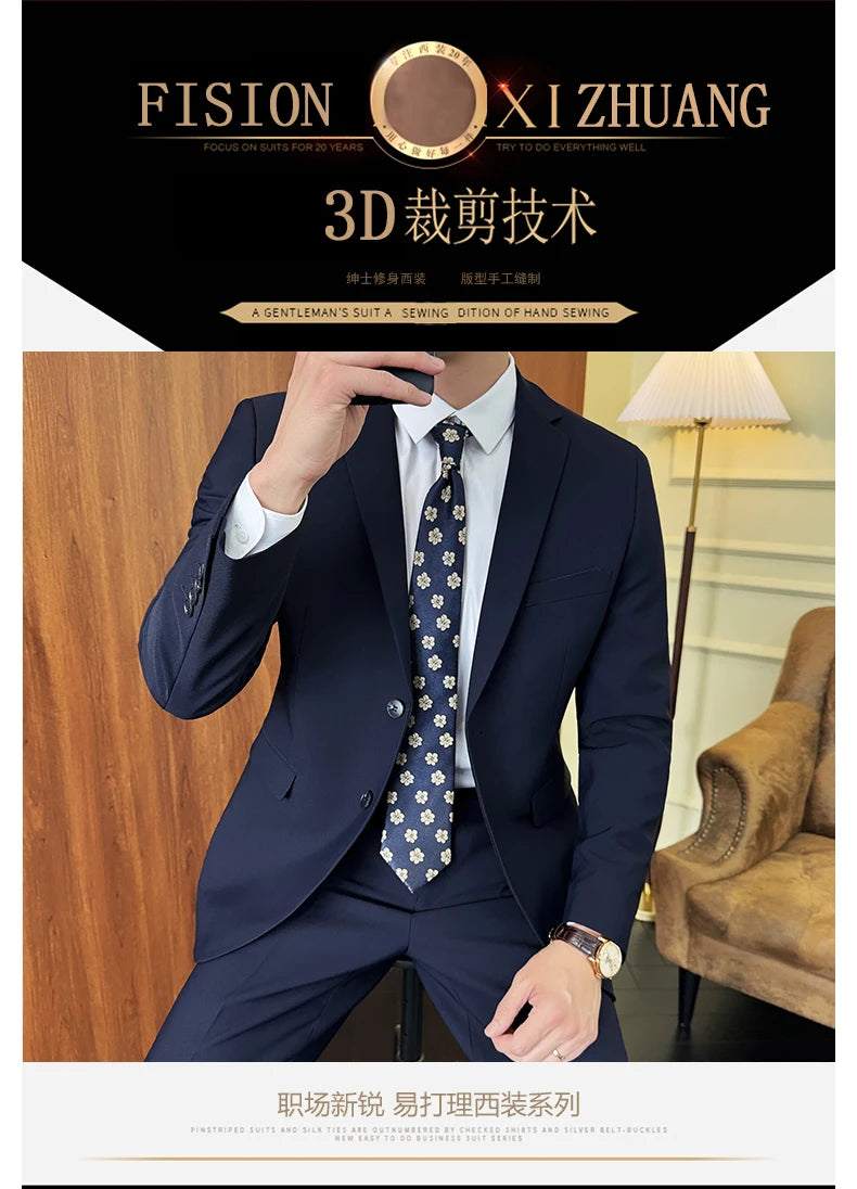 Suit (Blazer+ Pants) Fashion Men Solid color Business Wedding Work Casual Slim Professional Dress Groom Best Man Gentleman Suit