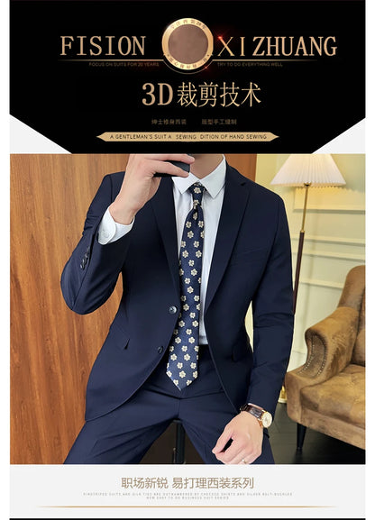 Suit (Blazer+ Pants) Fashion Men Solid color Business Wedding Work Casual Slim Professional Dress Groom Best Man Gentleman Suit