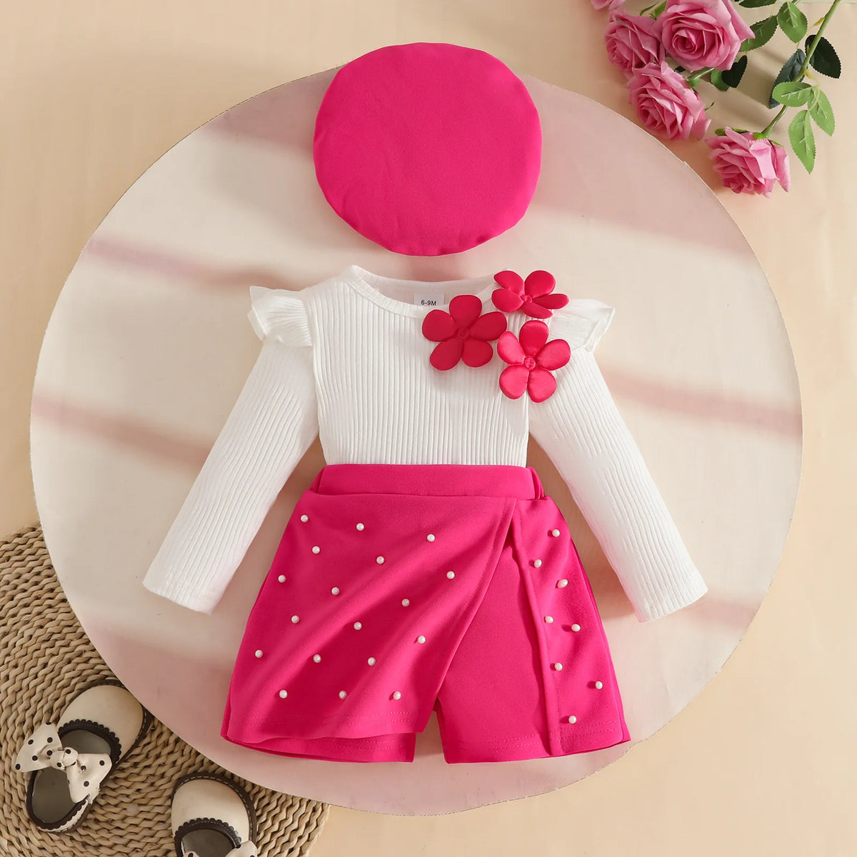Spring Kids Girls Clothes Baby Casual Long Sleeve Flower Tops With Shorts Beret Infant Cute Outfits Sets Children's Clothing