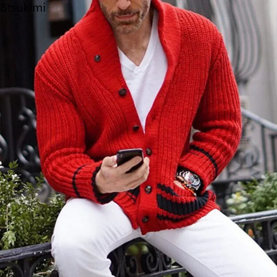 2026 Autumn Winter Men Knitted Sweaters Warm Coats Men's Streetwear Single Breasted Top Cardigan Yellow Red Solid Sweater Male