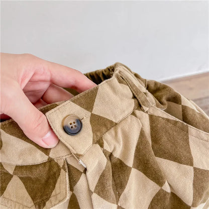 Spring 1-7Y Kids Clothes Washed Cotton Harem Trousers Vintage Checkered Design Japanese Trendy Loose-fit Casual Boys Girls Pants