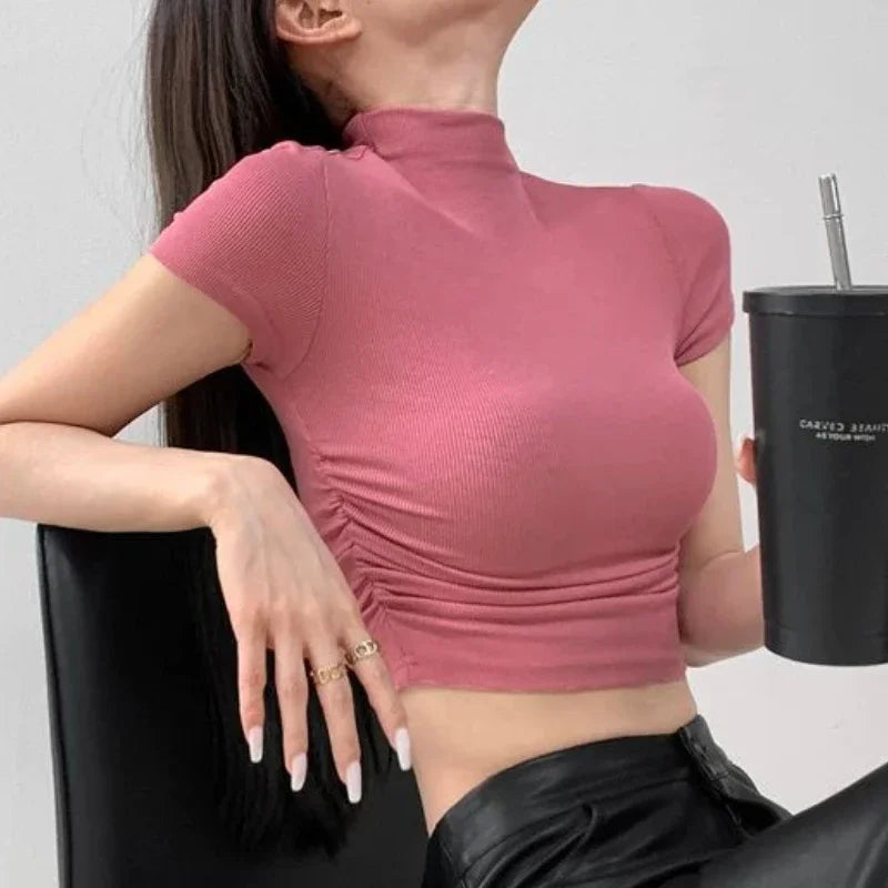 T Shirt For Women Crop Slim Turtleneck Solid Color Tops Woman Y2k Fashion Korea Polyester Cheap Clothes Youthful Goth Korean Tee