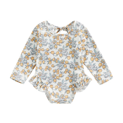 Kids Baby Girl Summer Swimwear Floral Print Backless Ruffles Long Sleeve Bodysuit Bathing Suit Girls Beachwear 0-4 Years
