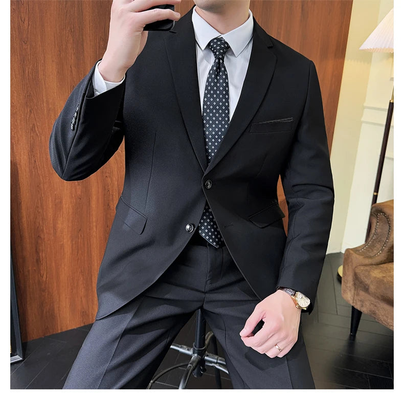 Suit (Blazer+ Pants) Fashion Men Solid color Business Wedding Work Casual Slim Professional Dress Groom Best Man Gentleman Suit