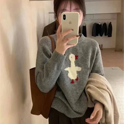 Women's new wool sweater high-end O-neck embroidered pullover sweater autumn and winter loose fashion shirt casual warm knit top