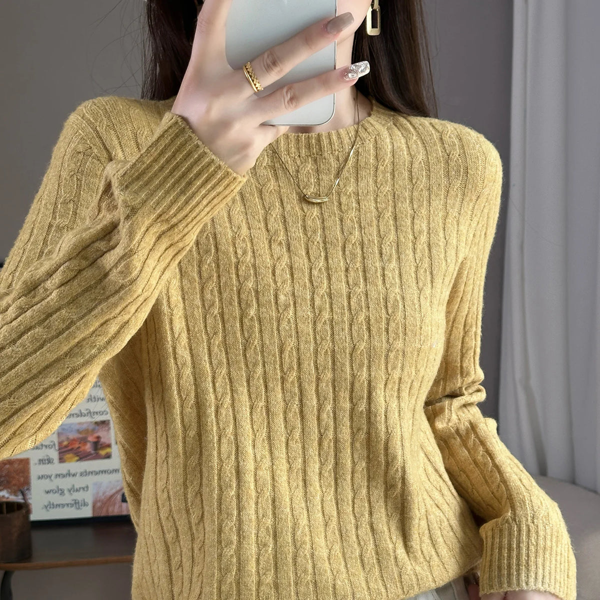 Knitted Wool Blend Sweater for Women, Long Sleeve, Round Neck, Loose Casual Top, Skin Friendly, Fall and Winter, New, 2025 New