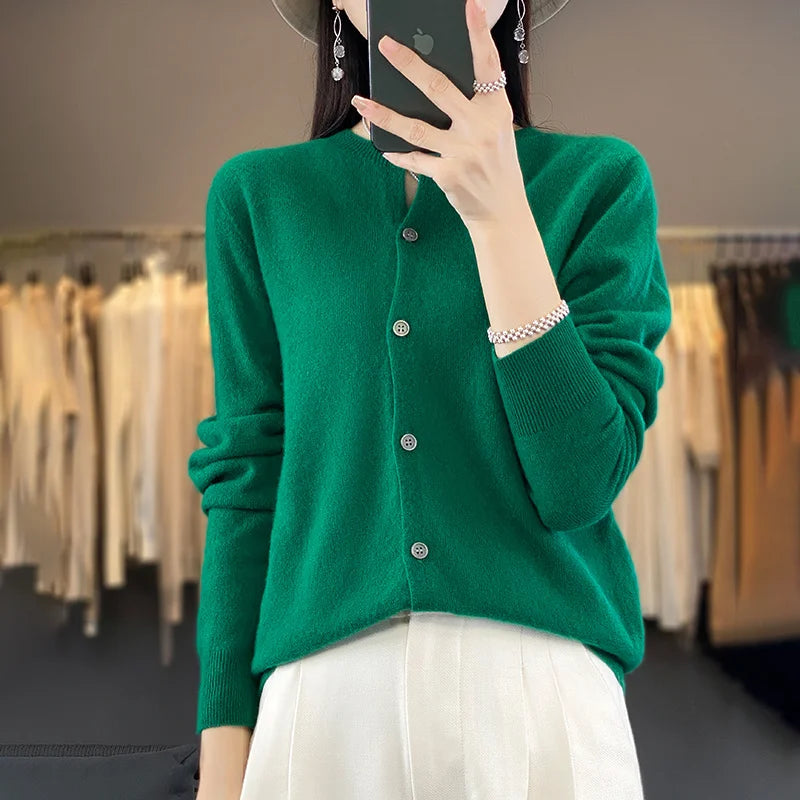 100% Merino Wool Sweater Women O-Neck Cardigan Basic Style  Buttoned Knitwear Female Casual Autumn Winter Soft Tops