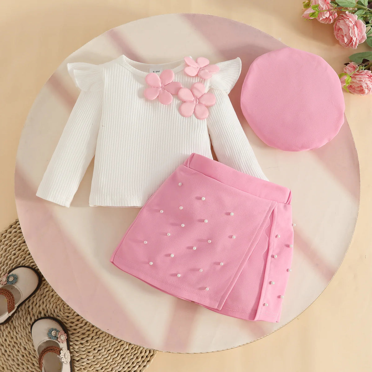 Spring Kids Girls Clothes Baby Casual Long Sleeve Flower Tops With Shorts Beret Infant Cute Outfits Sets Children's Clothing