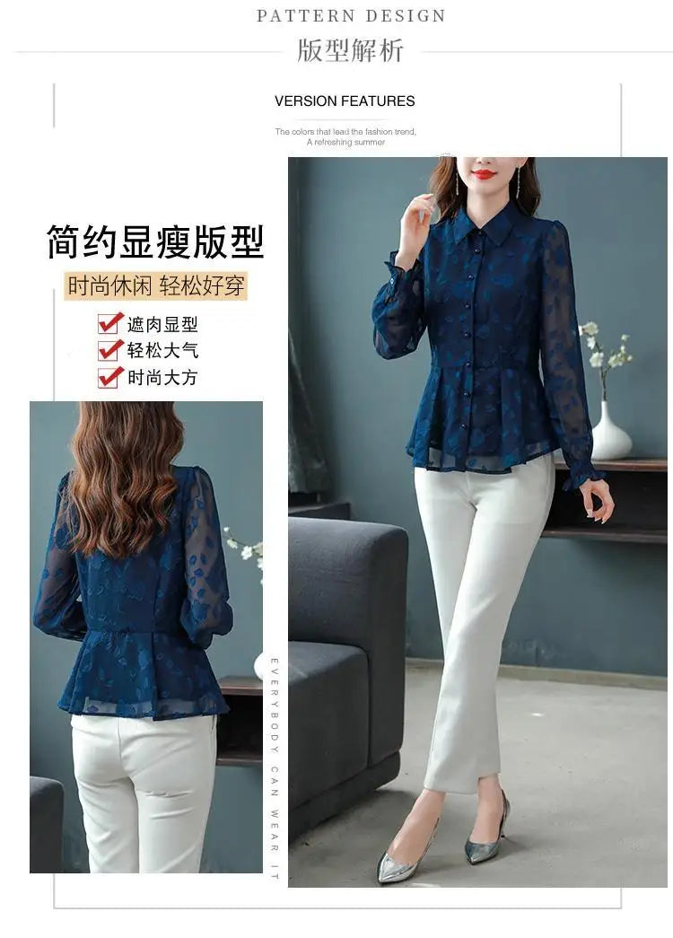 Spring Chiffon Shirt Women's Long-sleeved Temperament Waist Women's Small High-end Foreign Style Middle-aged Top Clothes