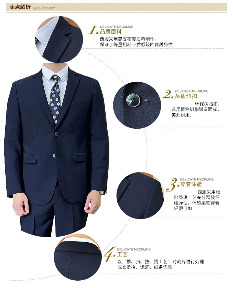 Suit (Blazer+ Pants) Fashion Men Solid color Business Wedding Work Casual Slim Professional Dress Groom Best Man Gentleman Suit