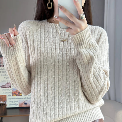 Knitted Wool Blend Sweater for Women, Long Sleeve, Round Neck, Loose Casual Top, Skin Friendly, Fall and Winter, New, 2025 New