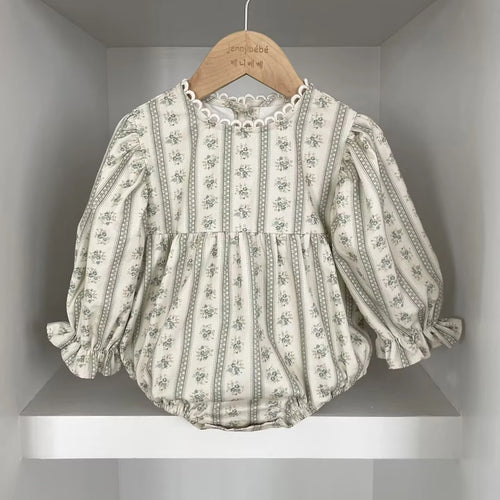 Vintage Newborn Infant Baby Girls Romper Spring Floral Stripe Baby Rompers Infant Bodysuit Toddler Onepiece Linen Baby Clothes